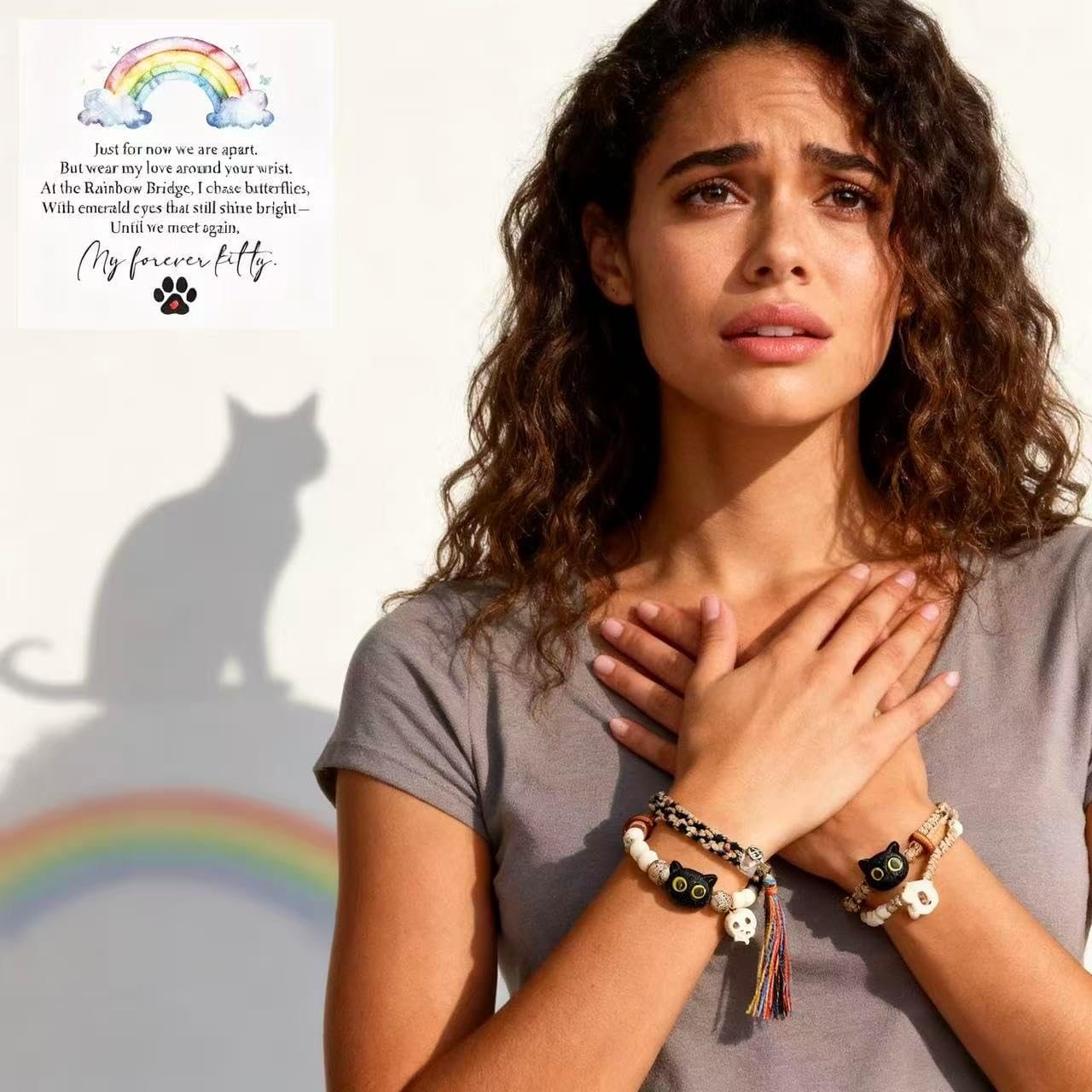 LINGYUAN 2 PCS Pet Memorial Gifts for Cats, Rainbow Bridge Bracelet for Beloved Cat Loss of Pet Remembrance Gifts