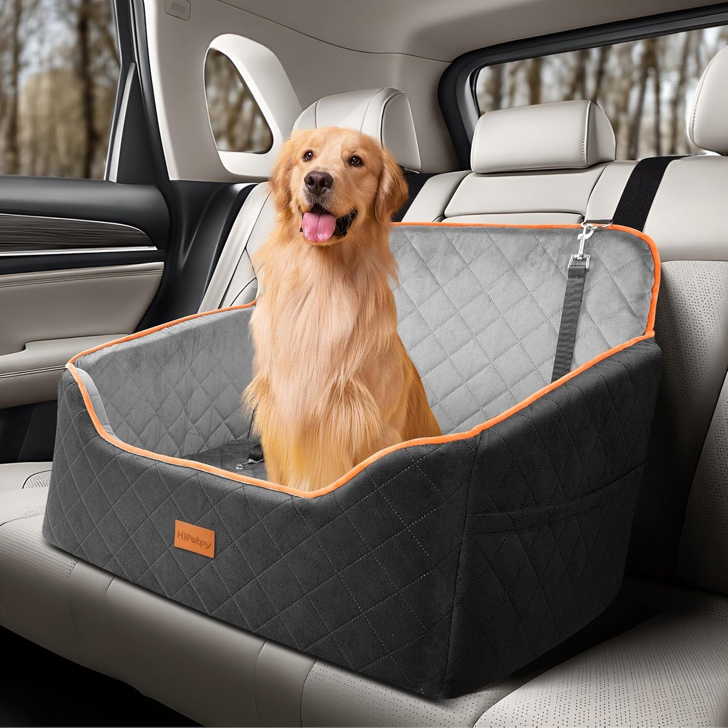 Dog Car Seat for Medium Dog, Booster Seat for Dogs Under 55lb, Elevated Pet Seat with Pocket, Anti-Slip Bed for Car, Perfect for Back Seat & Trunk with 2 Safety Leashes (Black/Grey, Large)