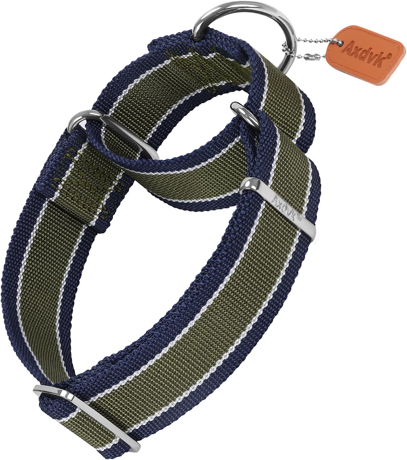 Martingale Collar 1.5 Inch Wide 1600D Extra Strong Anti Escape Nylon Dog Collar, No Pull Heavy Duty Dog Collar with 3-Color Stripe for Medium Dogs (M, Army Green & Gray)