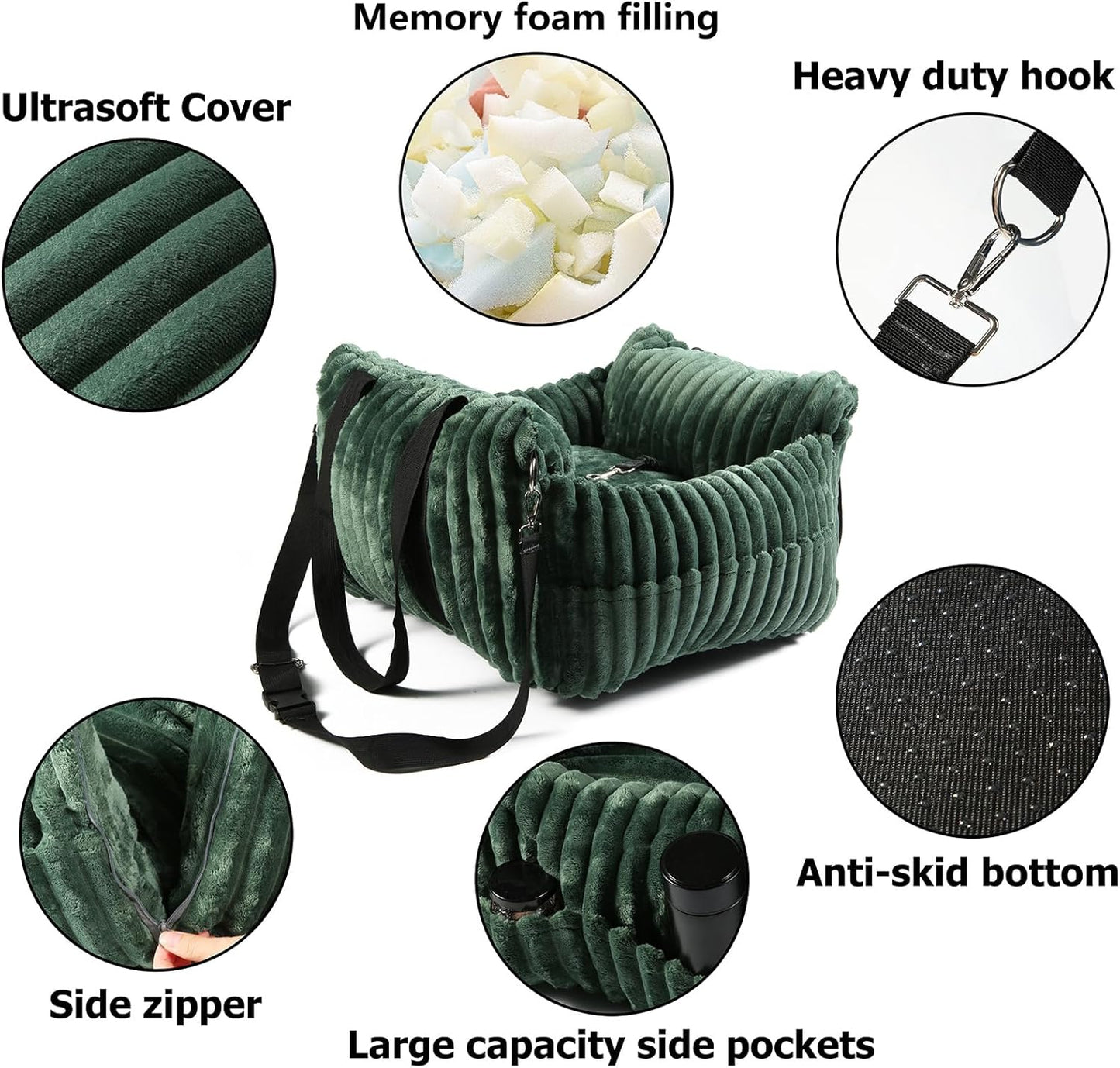 Dog Car Booster Seat, for Small Dogs Under 30 lbs, Detachable Washable Travel Bed with Storage Pockets and Safety Belt (Green, Medium)