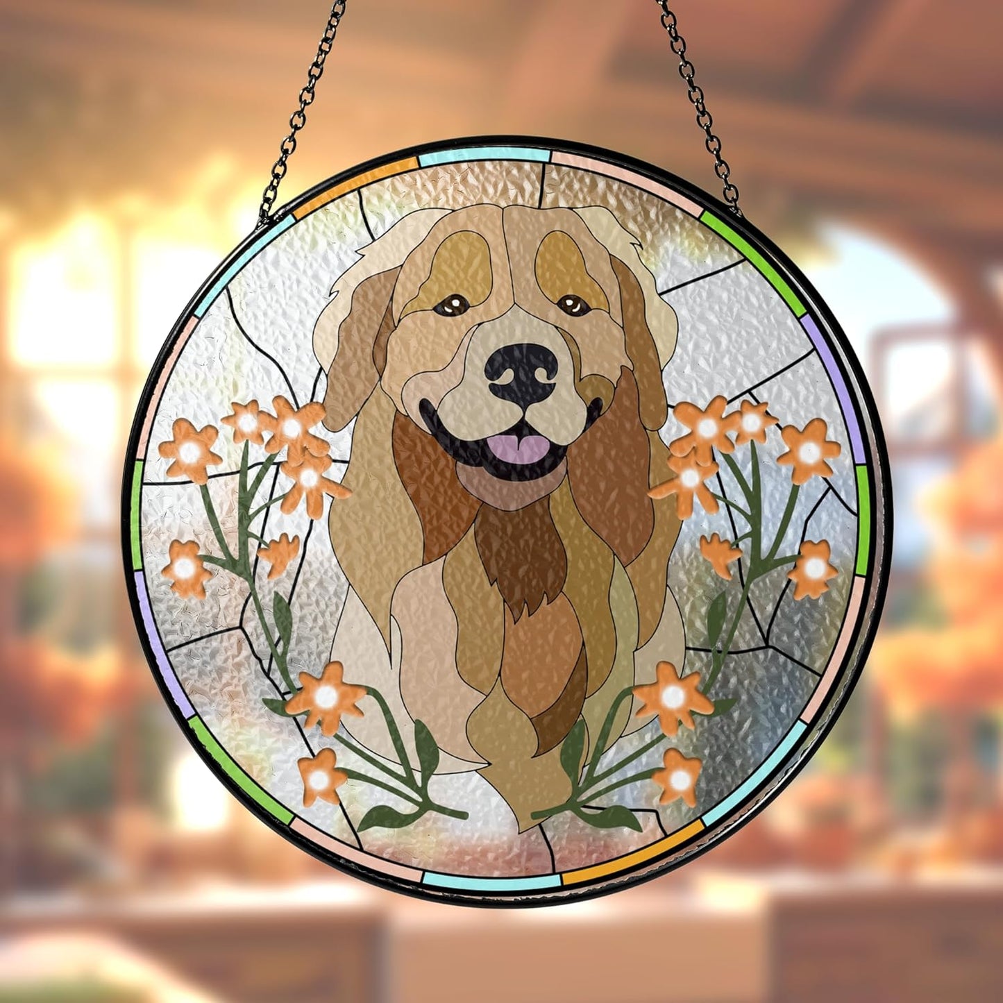 Lovely POD Custom Pet Portrait Stained Glass Suncatcher, Personalized Dog Photo Memorial Ornament Window Hanging, Remembrance Sympathy Gift for Loss of Fur, Bereavement Keepsake, Home Decor