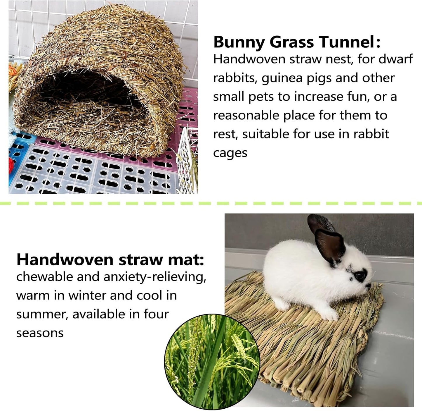 Hamiledyi Bunny Grass Tunnel,Rabbit Grass Bed,Natural Straw Woven Mat Winter Warm Hideaway Hut for Rabbit Gerbil Ferrets Guinea Pig Chinchilla (Small).