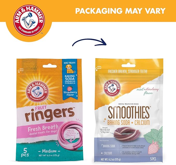 Arm & Hammer for Pets Smoothies Dental Treats for Dogs with Baking Soda and Calcium, Help Fight Bad Breath, Plaque & Tartar Without Brushing, Mint Strawberry, Ring Shaped, 5 Pcs (Packaging May Vary)