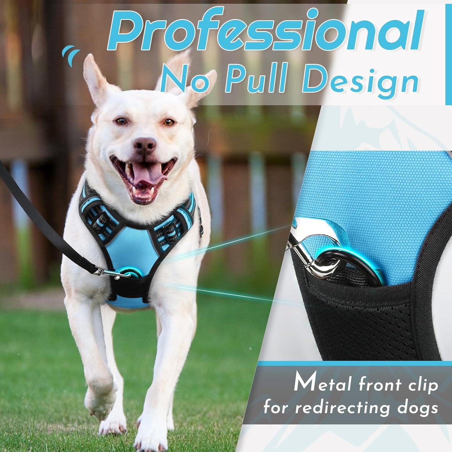 Eagloo Dog Harness Medium Sized Dog, No Pull Service Vest with Reflective Strips and Control Handle, Adjustable and Comfortable for Easy Walking, No Choke Pet Harness with 2 Metal Rings, Sky Blue, M