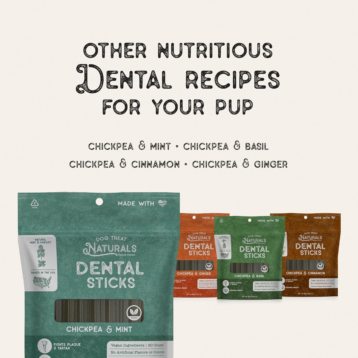 Dog Treat Naturals Dental Chew Sticks | Helps Clean Teeth and Easy to Digest Dog Treats | Dog Breath Freshener | Made with Chickpea & Mint| Made in USA (20 Sticks)