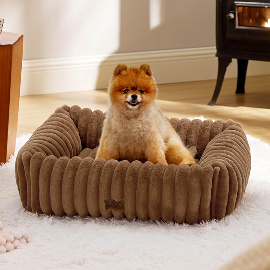 Bedsure Cute Dog Bed for Small Medium Dogs - Washable Furry Puppy Beds, Rectangle Orthopedic Corduroy Fleece Pet Beds with Removable Zipper Cover, 25x21x7inches, Copper Brown