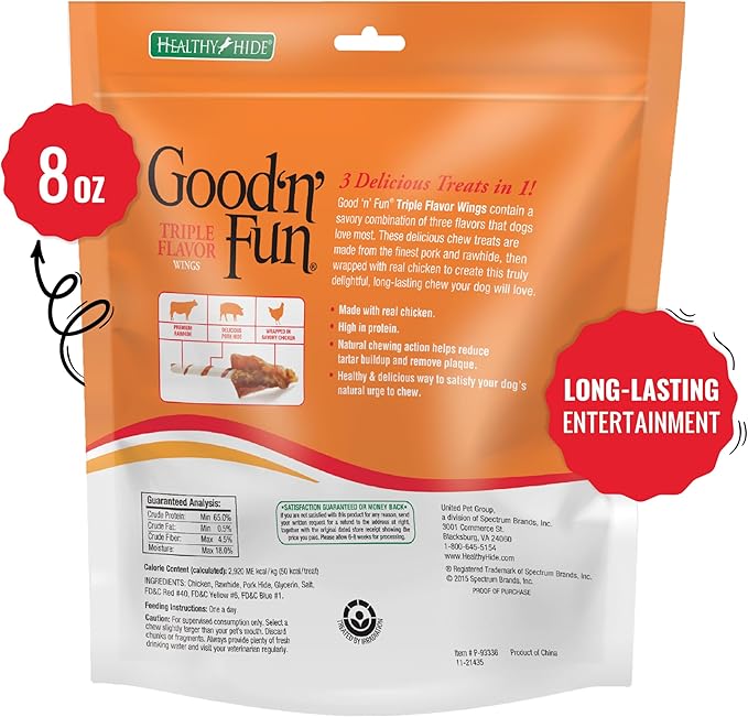 Good ‘n’ Fun Triple Flavor Wings Chews for All Dogs, 8 Ounces, Treat Your Dog to Long-Lasting Chews Made with Chicken, Beef Hide and Pork Hide
