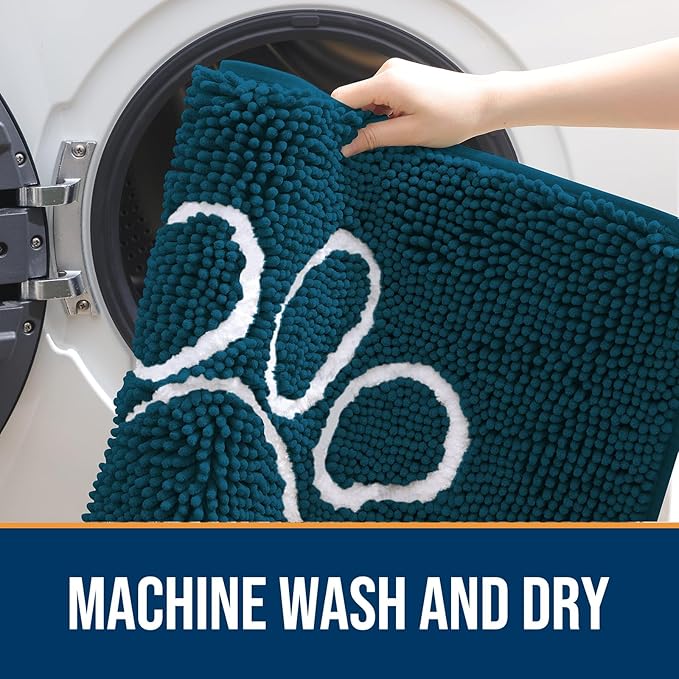 OLANLY Door Mat for Muddy Dog Paws 40x32, Absorbent Chenille Mud Doormat with Paw Print Design, Non-Slip Washable Doormat for Indoor Entryway, Quick-Dry Pet Bed Mats for Dirty Dogs, Atlantic Blue