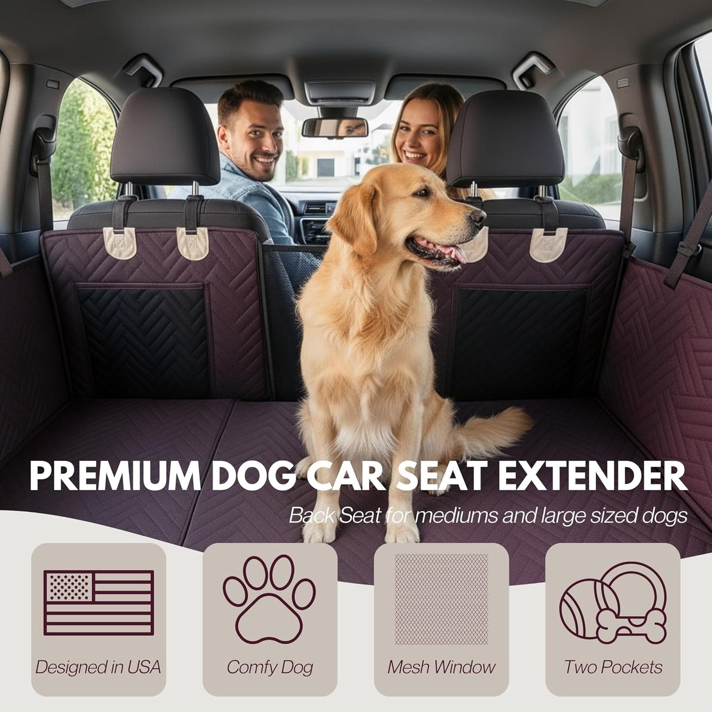 Premium Dog Back Seat Extender | Supports 400 lbs | Waterproof Hard Bottom & Non-Slip Design | Pet Seat Cover with Mesh Window & Storage Pocket | Fits Cars, SUVs & Truck (Brown)