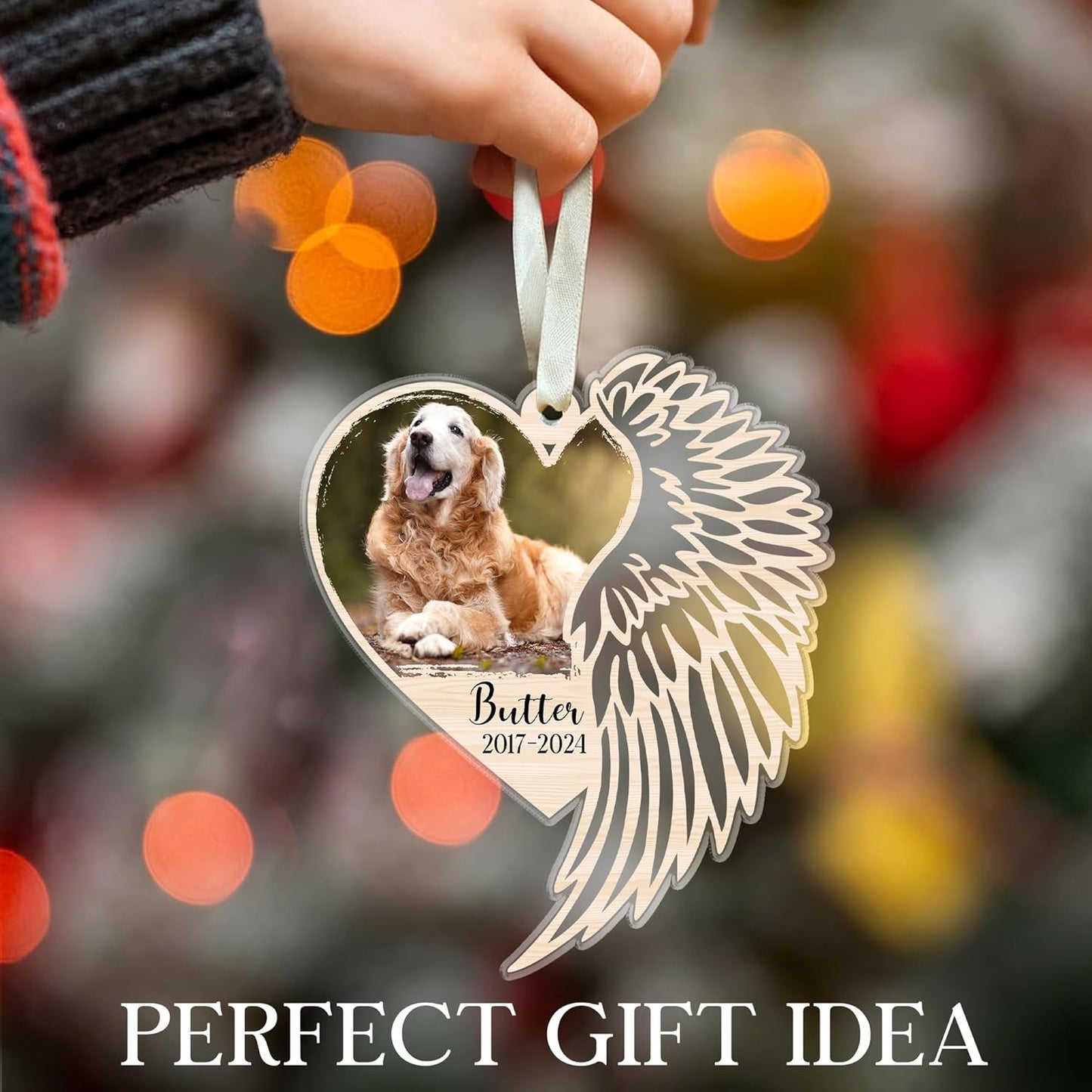 Heart and Wing Memorial Dog Ornament, Valentine's Memorial Keepsake Ornament for Loss of Pet, Customizable with Photo, Name & Years, Valentine's Gift for Pet Lover (Dog Wings Memorial)