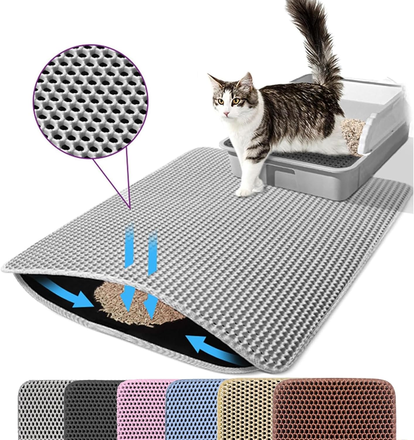 Cat Litter Mat, 24x18 Inches Large Double Layer Honeycomb Cat Litter Trapping Mat, Non Slip Waterproof Urine Proof Cat Litter Box Mat for Floor, Kitty Litter Rug, Cat Supplies, Gray