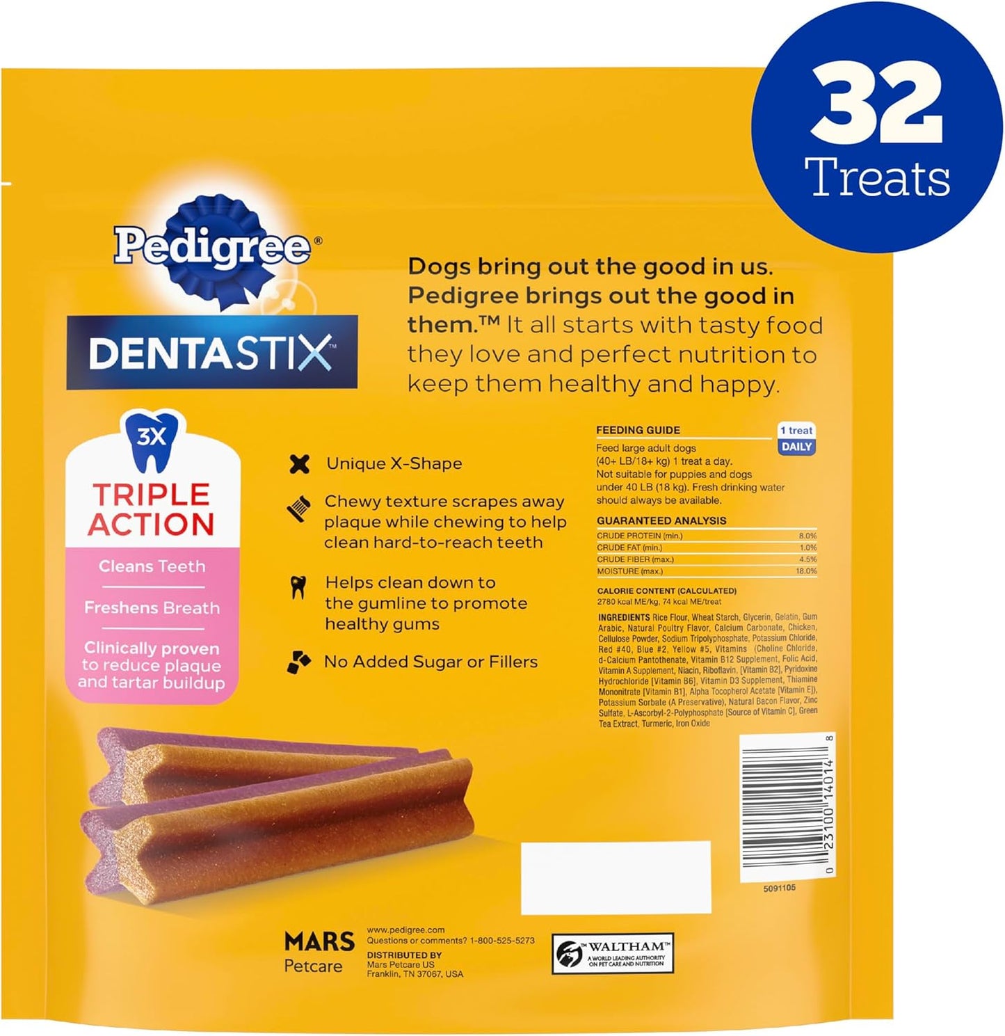 Pedigree Dentastix Dual Flavor Large Breed Dog Treats, Bacon & Chicken, 1.47 lb. Bag (32 Treats)