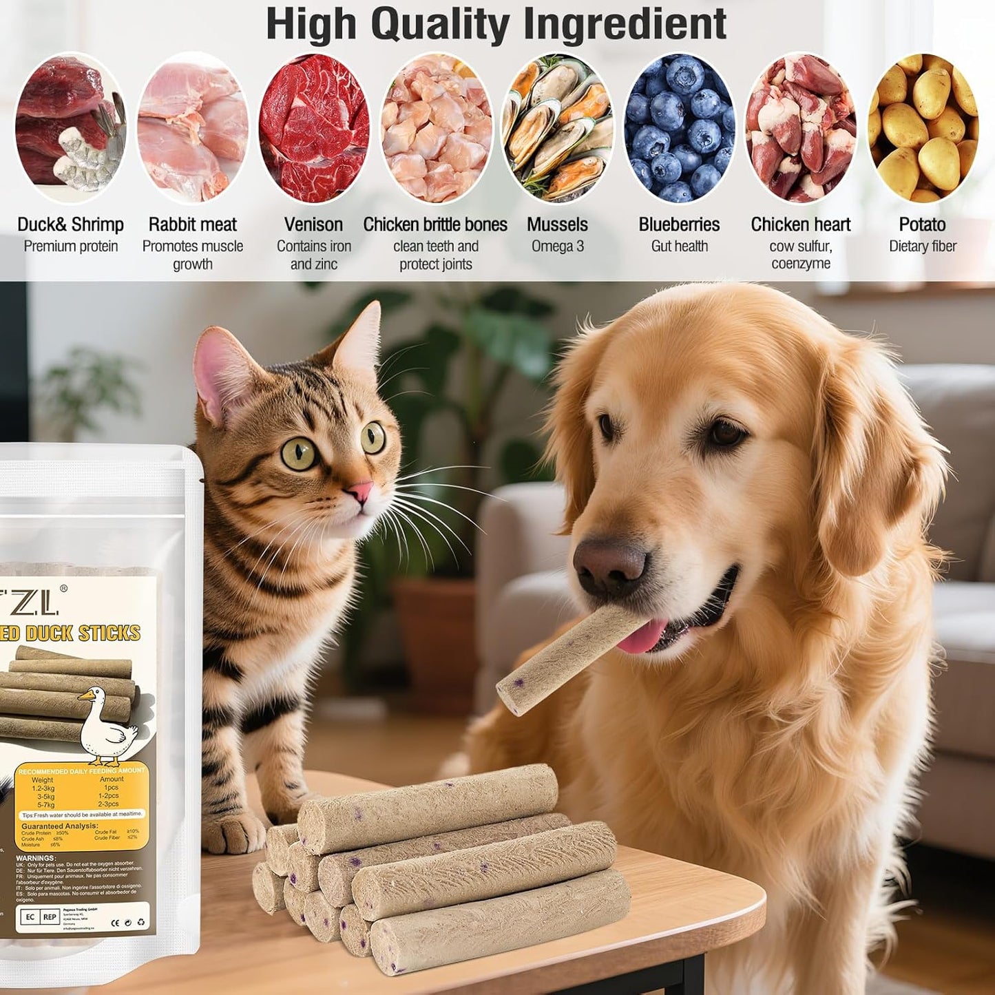 Freeze Dried Duck Stick Cat Treats, High Protein Healthy Treats for Cats & Dogs, Natural Teeth Cleaning Snacks, Gluten& Grain Free 50g