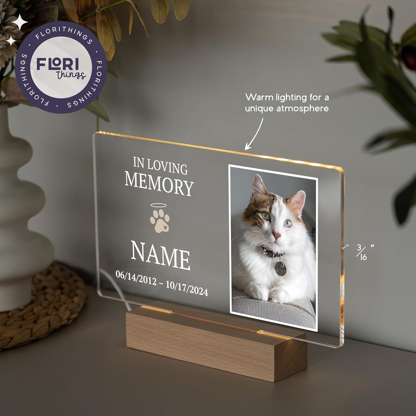 Cat Memorial Gifts/Memorial Gifts/Pet Memorial Stones/Personalized With UV Printed Acrylic/LED Base For Perfect Ambiance