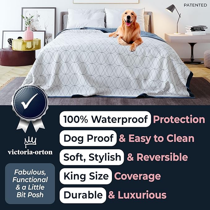 Waterproof Dog Blanket for Bed – 108x90 Inch King Size – Pet Hair Resistant Blanket for Small to Large Dogs – Washable, Leakproof, Reversible Bedspread for Bed Protection – Blue/White