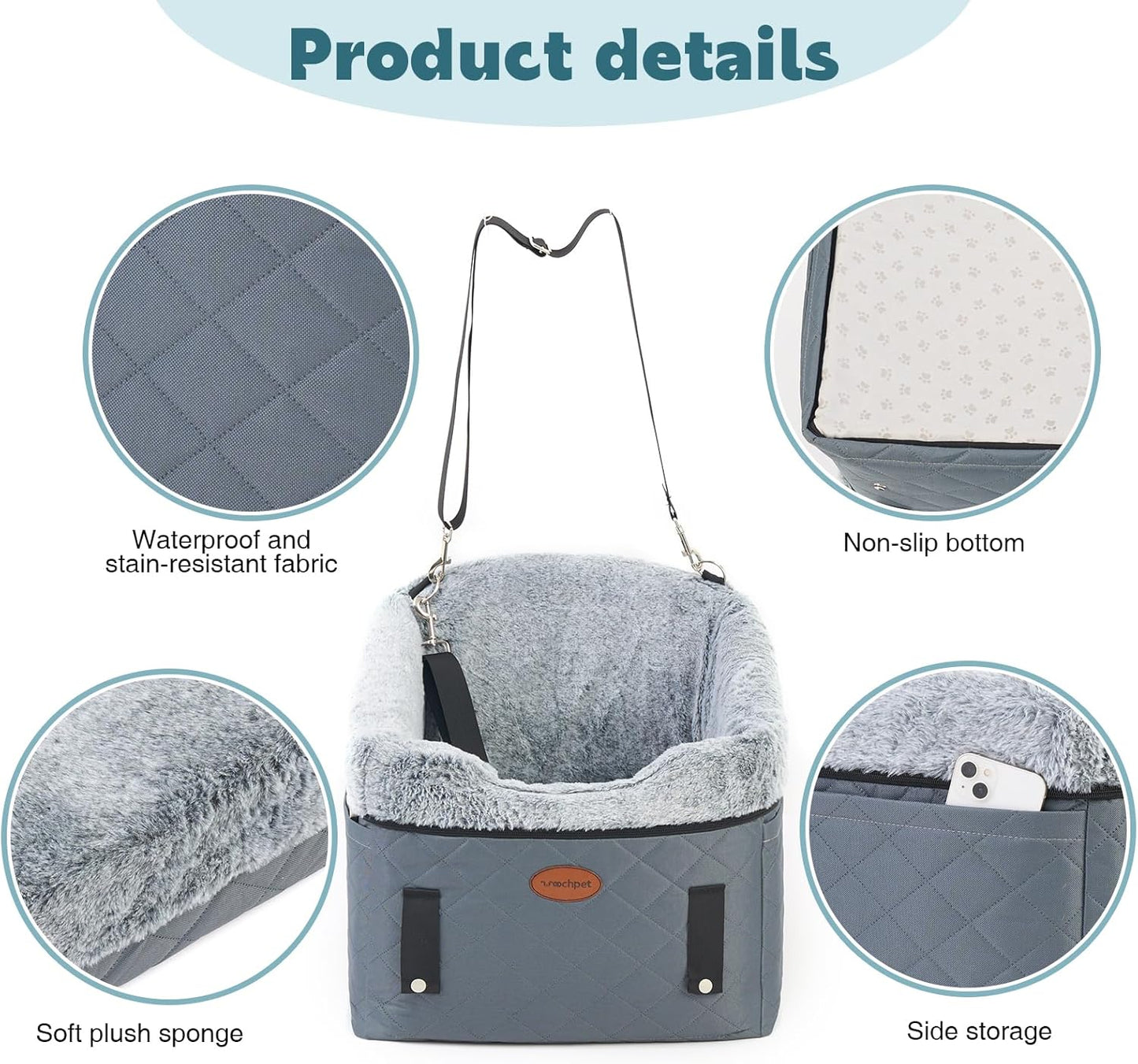 Dog Car Seat with Loops Dog Booster Seat for All Seasons, Anti Slip Bottom Pet Travel Bed with Thick Pets Sofa Cushion and Storage Pockets for Small Pets（Grey）