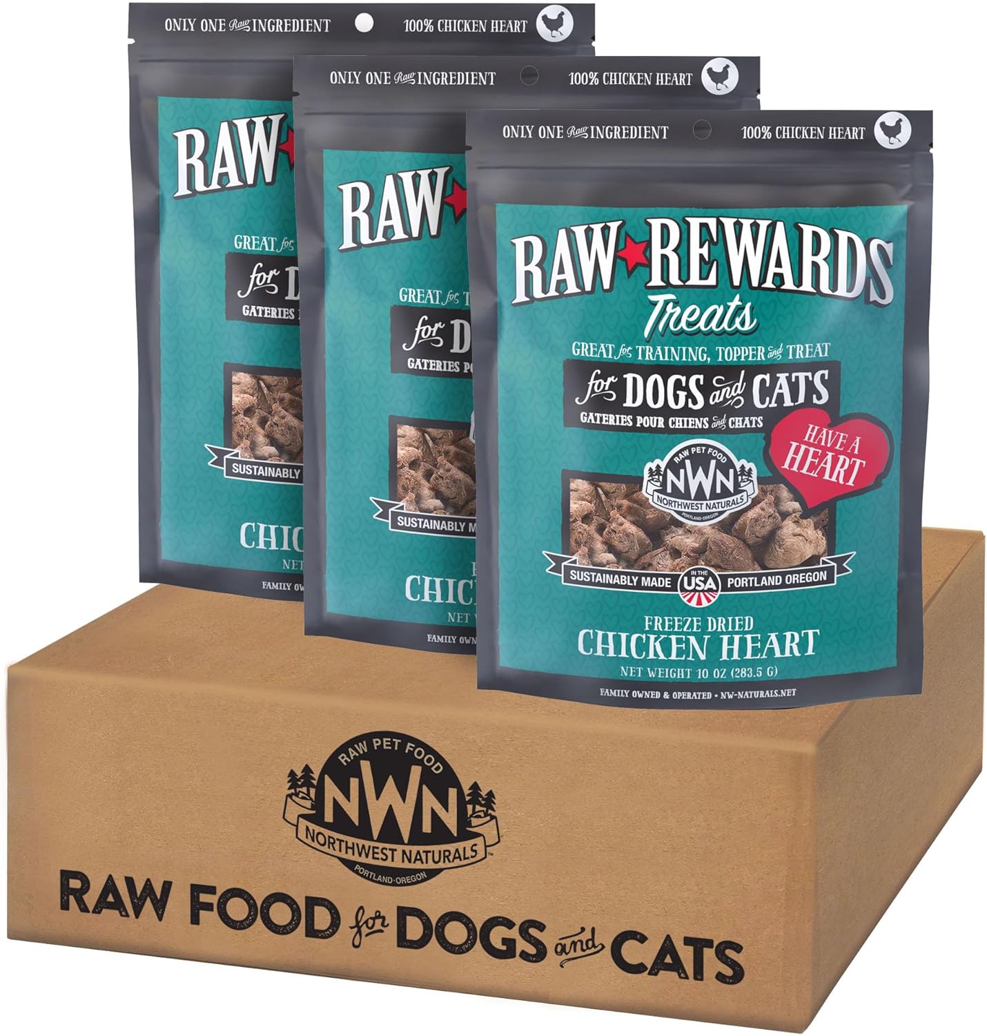 Northwest Naturals Raw Rewards Freeze-Dried Chicken Heart Treats for Dogs and Cats - Bite-Sized Pieces - Healthy, 1 Ingredient, Human Grade Pet Ingredients, Natural, Made in USA, 10 Oz (Pack of 3)