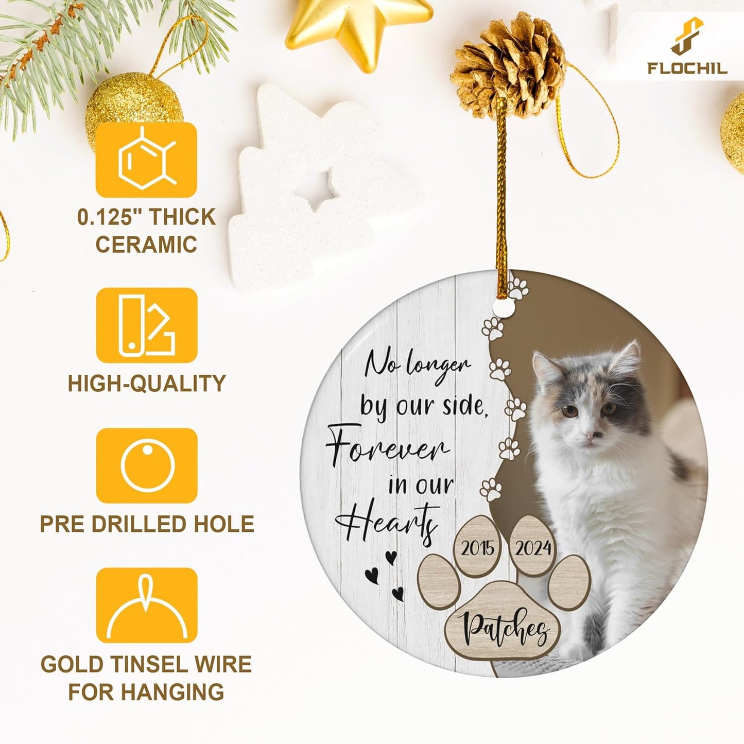 FLOCHIL Personalized Memorial Cat Christmas Ornament, Custom Cat Memorial Ornament with Name Photo, Pet Memorial Ornament, Gift for Pet Lovers