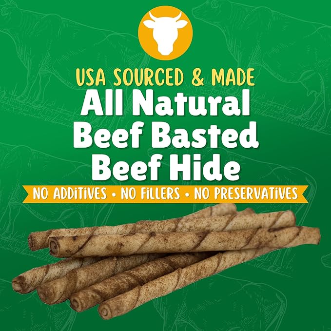Beef Basted Rawhide Twist Sticks Dog Treats – 25ct. Premium Rawhide Chew Sticks – Long Lasting Beef Flavored Chews for Small Dogs Made in USA with Natural Beefhide