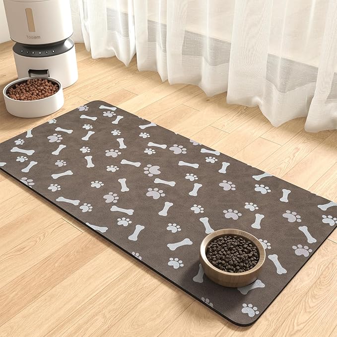 MontVoo Dog Food Mat-Pet Feeding Mat for Food and Water-No Stains Quick Dry Dispenser Cat Bowl Mat for Messy Drinkers(17"x34" Brown)