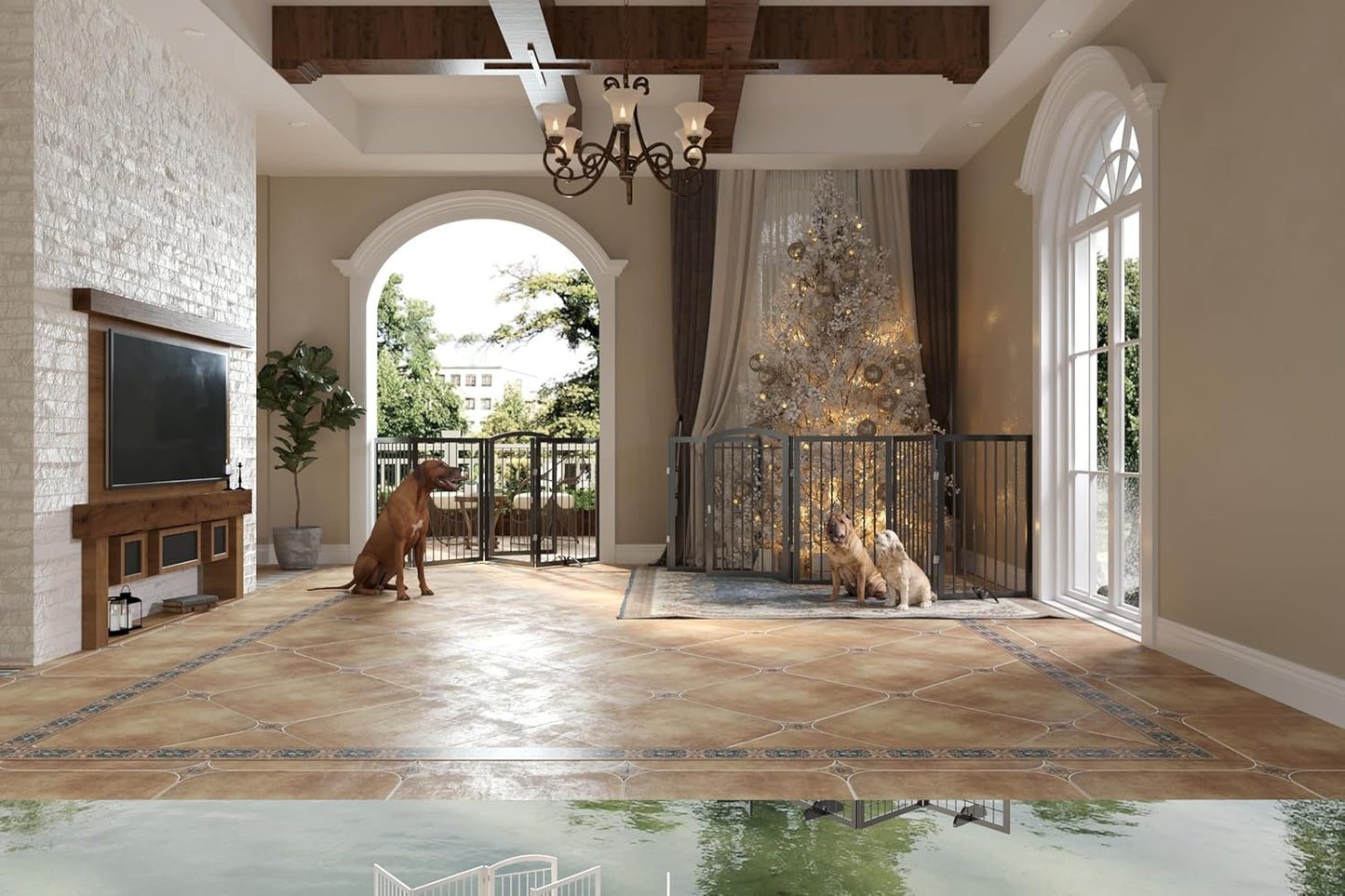 JSB 144-inch Extra Wide 30-inch Tall Dog gate with Door Walk Through, Freestanding Round Tube Pet Gate for Halls Stairs, Puppy Safety Dog Fence with 2PCS Support Feet (Black)