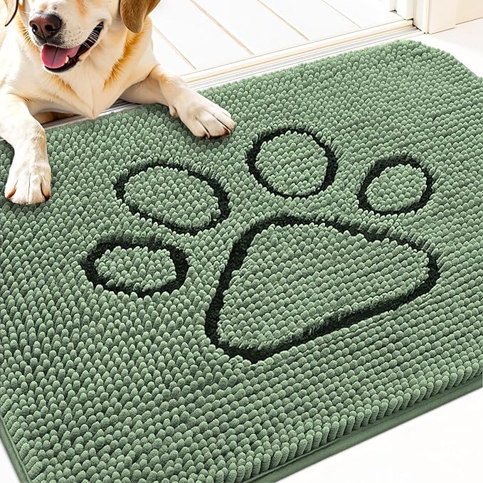 OLANLY Door Mat for Muddy Dog Paws 30x20, Absorbent Chenille Doormat with Paw Print Design, Non-Slip Washable Doormat for Indoor Entryway, Quick-Dry Pet Bed Mats for Dirty Dogs, Olive Green and Black