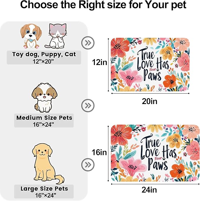 True Love Floral Dog Cat Food Mat-Absorbent Placemat for Food and Water Bowl, Waterproof Non Slip Rubber Backing Dog Food Mats for Floors, Pet Supplies 12 * 20 inch
