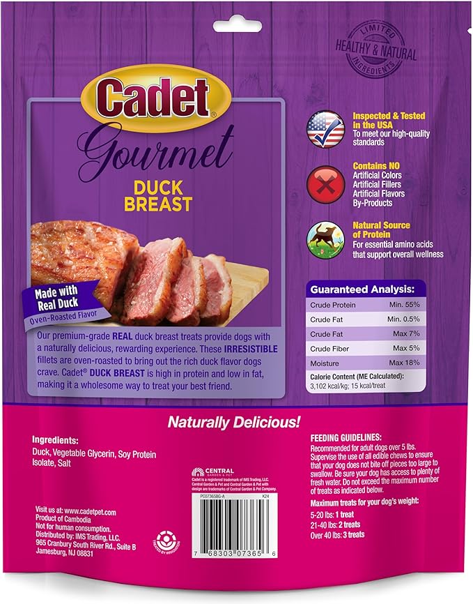 Cadet Gourmet Duck Breast Jerky Dog Treats, Healthy, Long-Lasting High-Protein Training Treats for Small & Large Dogs, 14 oz.
