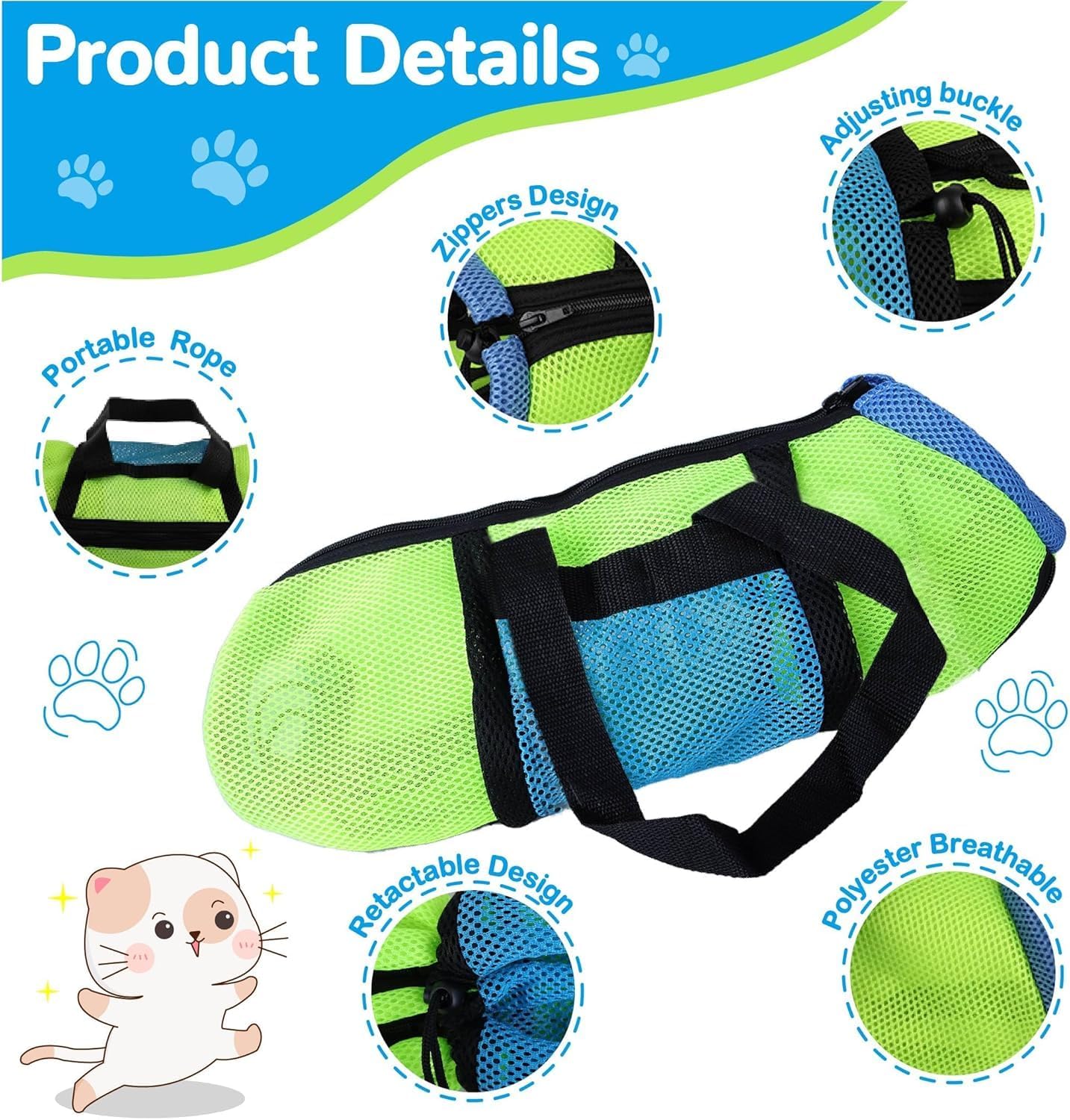 AWOOF Cat Grooming Bag Adjustable Cat Bathing Bag Anti Scratch Bite Polyester Soft Durable Mesh Cat Shower Bag for Small Medium Large Cats