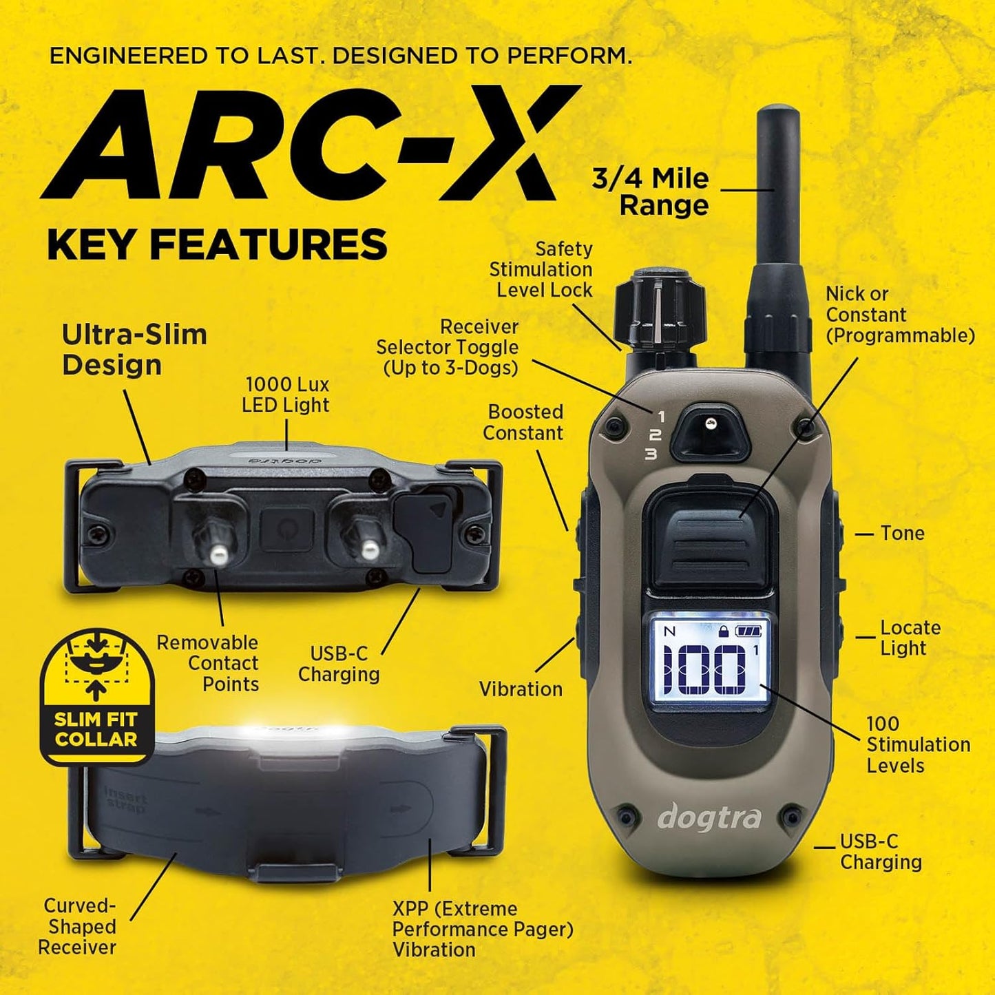Dogtra ARC-X E-Collar for Dog Training - 3/4 Mile Range, for Dogs 15 lbs+, Slim Design, IPX9K Waterproof, 100 Stimulation Levels, Vibration, Tone, Rechargeable - Dog Owners and Professional Trainers