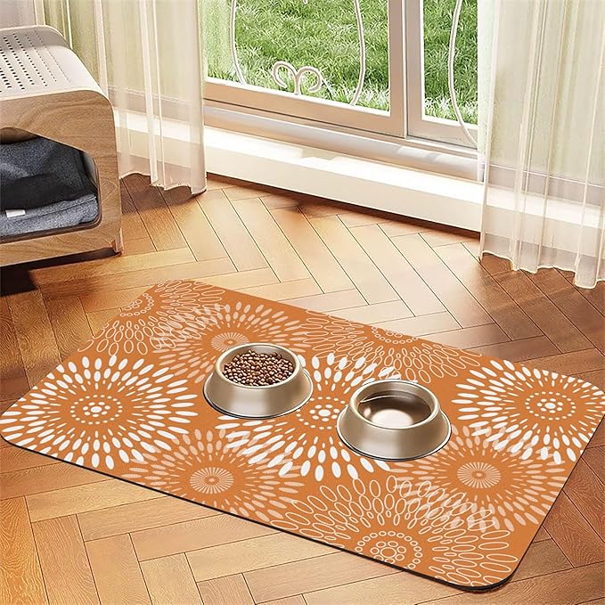 Quick-Dry Absorbent Dog Food Mat 12x18 Inch Retro Modern Geometric Aesthetic Non-Slip Pet Cat Feeding Mat with Waterproof Backing Training Mat for Pets（Orange）