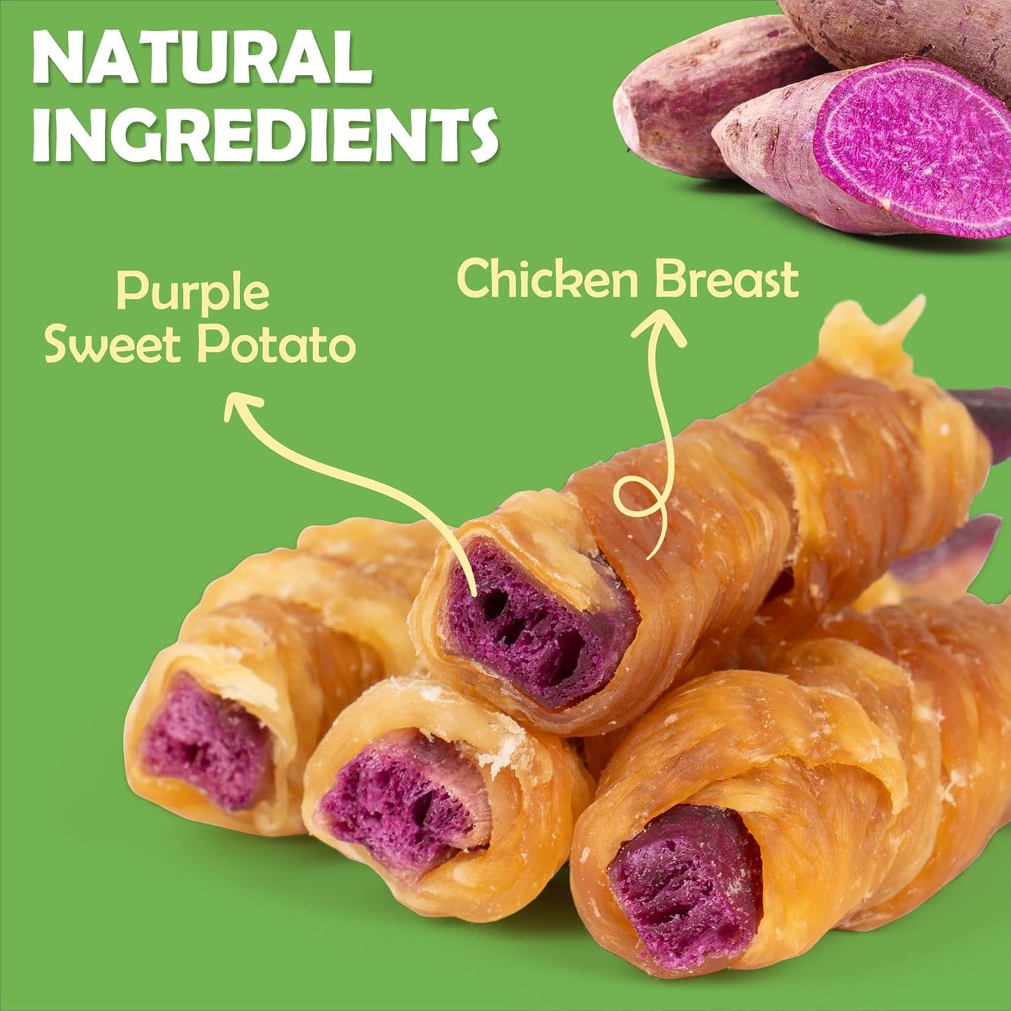 MON2SUN Rawhide Free Dog Treats, Chicken Wrapped Purple Sweet Potato Snacks, Healthy and Natural, Training Treats for Small Dogs, 10.6oz (30 Count - Pack of 1)