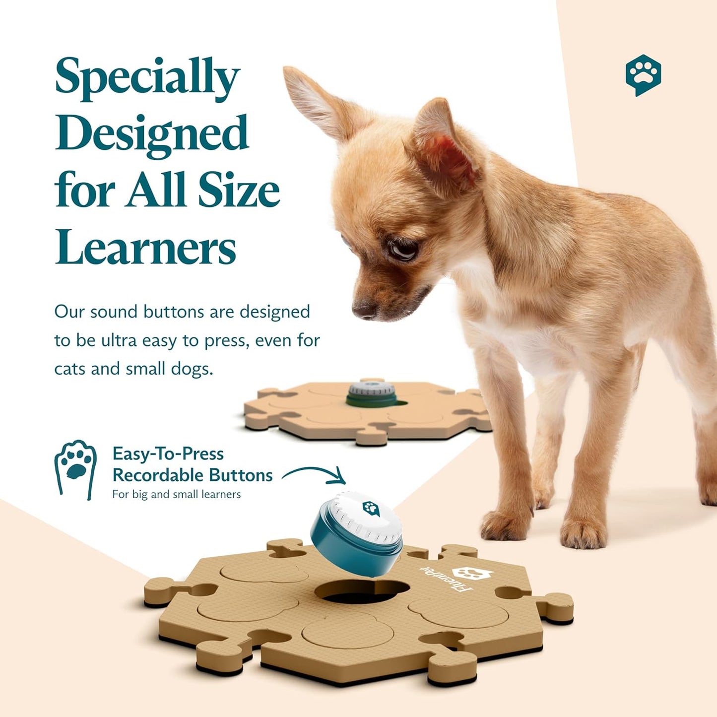 FluentPet Speak Up Get Started Kit with Clearer Upward-Facing Sound - 6 Recordable Buttons for Dogs & 3 Beige HexTiles | Dog & Cat Communication Buttons Set | with Batteries