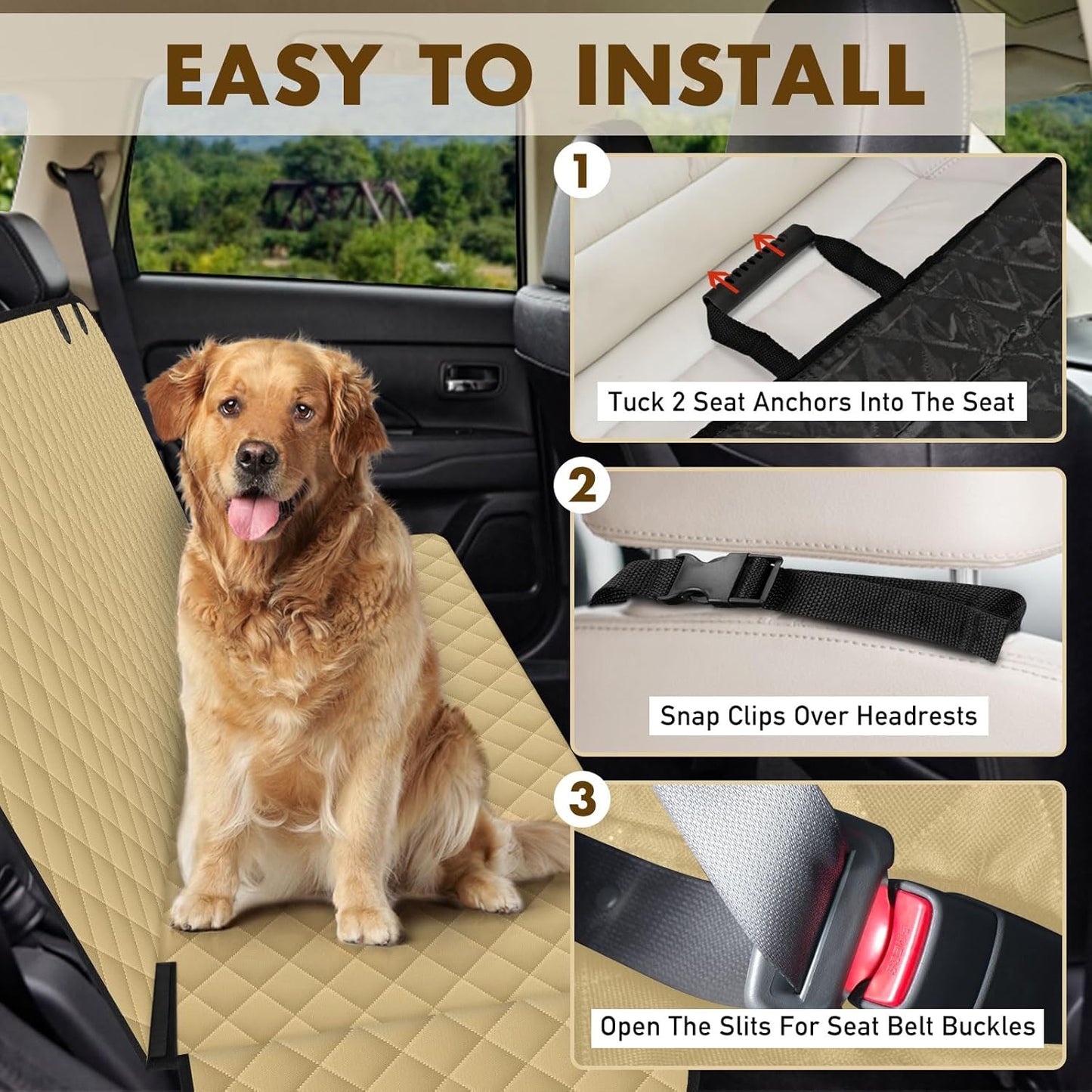 Backseat Cover for Dogs, Waterproof and Non-Slip Pet Bench Seat Covers, Car Seat Protector for Back Seat, Universal Size Rear Car Seat Cover Fits Cars, Trucks and SUVs, L-Khaki&Black