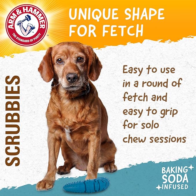 Arm & Hammer for Pets Scrubbies Boomerang Chew Toy for Senior Dogs Infused with Baking Soda - Durable Teething Toy with Unique Shape for Fetch & Chew - Interactive Dental Chew Toy for Puppies