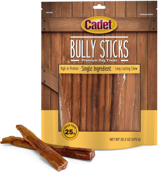 Cadet Bully Sticks for Small Dogs – All-Natural Beef Pizzle, High Protein, Low Fat, Long-Lasting, Grain & Rawhide-Free Dog Chews for Aggressive Chewers, Small (25 Count)