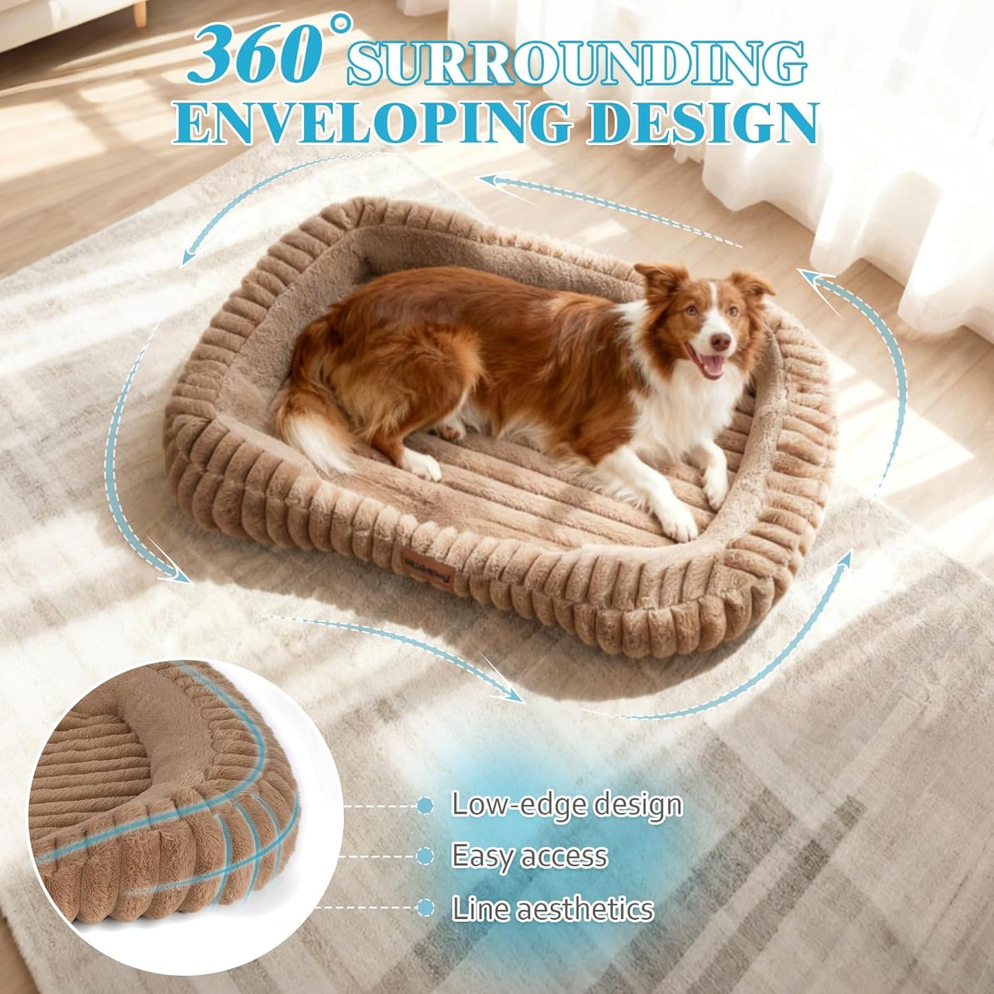 Medium Large Size Dog Bed Washable,Durable Calming Orthopedic Big Pet Bed with Removable Cover & Anti-Slip Bottom, Rectangle Bolster Sides Dog Bed with Handle, 30x24x4inches, Brown