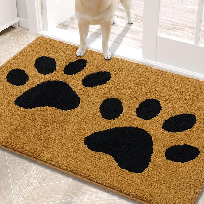 Buganda Dog Door Mat for Muddy Paws, Absorbent Dirt Trapper Washable Indoor Doormats, Non Slip Low-Profile Mud Mat for Dogs, Front Entrance Doormat for Inside Floor (30x20 Inches, Yellow and Black)