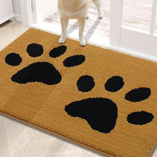 Buganda Dog Door Mat for Muddy Paws, Absorbent Dirt Trapper Washable Indoor Doormats, Non Slip Low-Profile Mud Mat for Dogs, Front Entrance Doormat for Inside Floor (30x20 Inches, Yellow and Black)