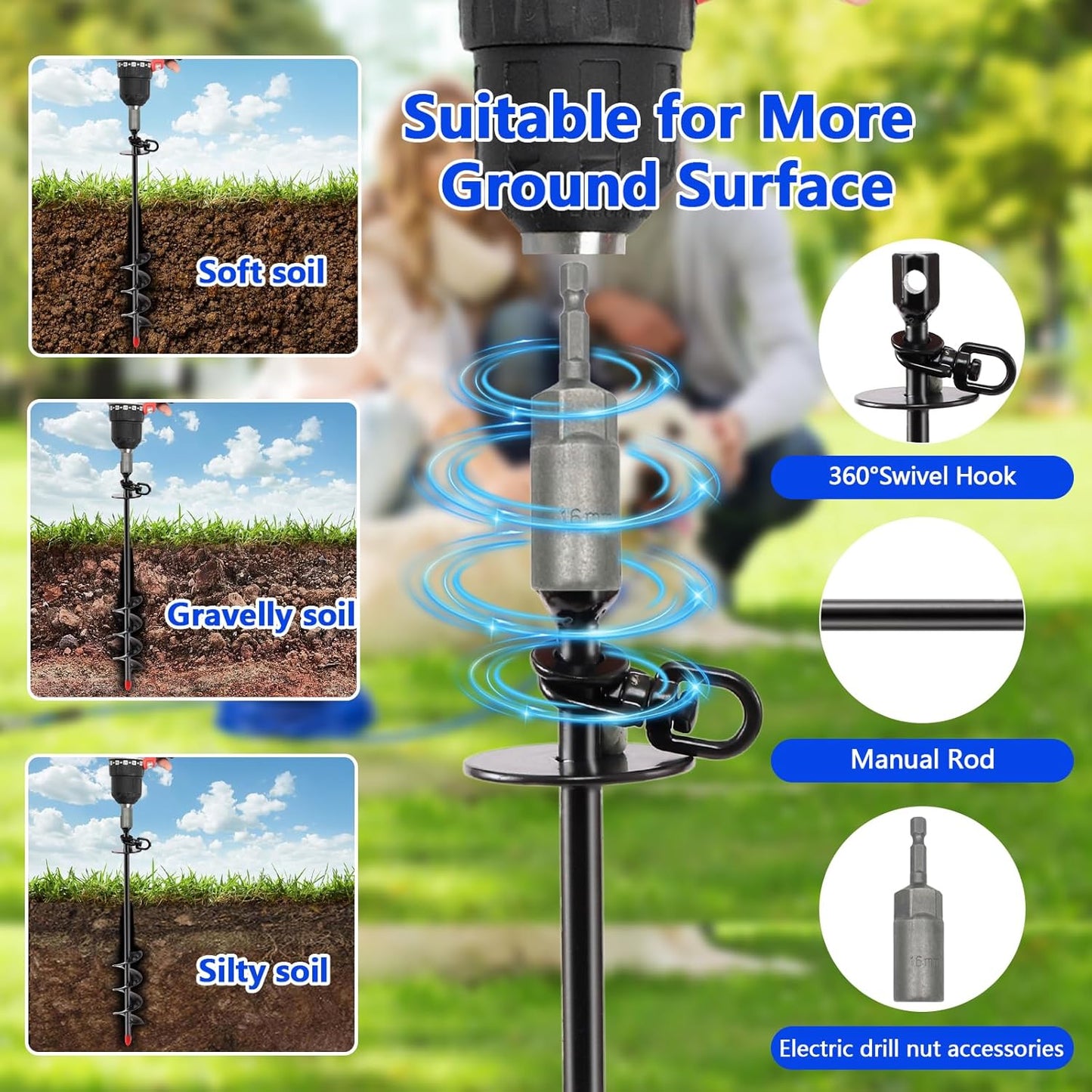 Heavy Duty Dog Tie Out Cable and Stake,30FT Rust Proof Dog Tether Leads for Yard,360°Swivel Spiral Dogs Stake&Chain Up to 200 lbs, Ground Anchor for Outdoor Beach Camping