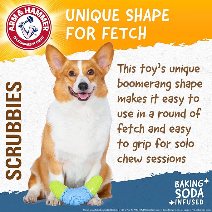 Arm & Hammer for Pets Scrubbies Boomerang Chew Toy for Adult Dogs Infused with Baking Soda - Durable Teething Toy with Unique Shape for Fetch & Chew - Interactive Dental Chew Toy for Dogs