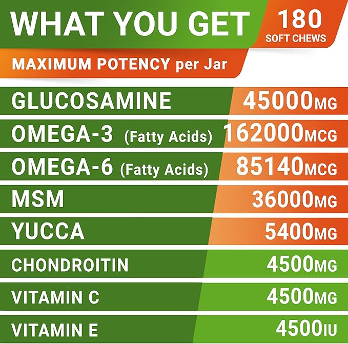 STRELLALAB Glucosamine Treats for Dogs - Joint Supplement w/Omega-3 Fish Oil - Chondroitin, MSM - Advanced Mobility Chews - Joint Pain Relief - Hip & Joint Care - Bacon Flavor - 180 Ct - Made in USA