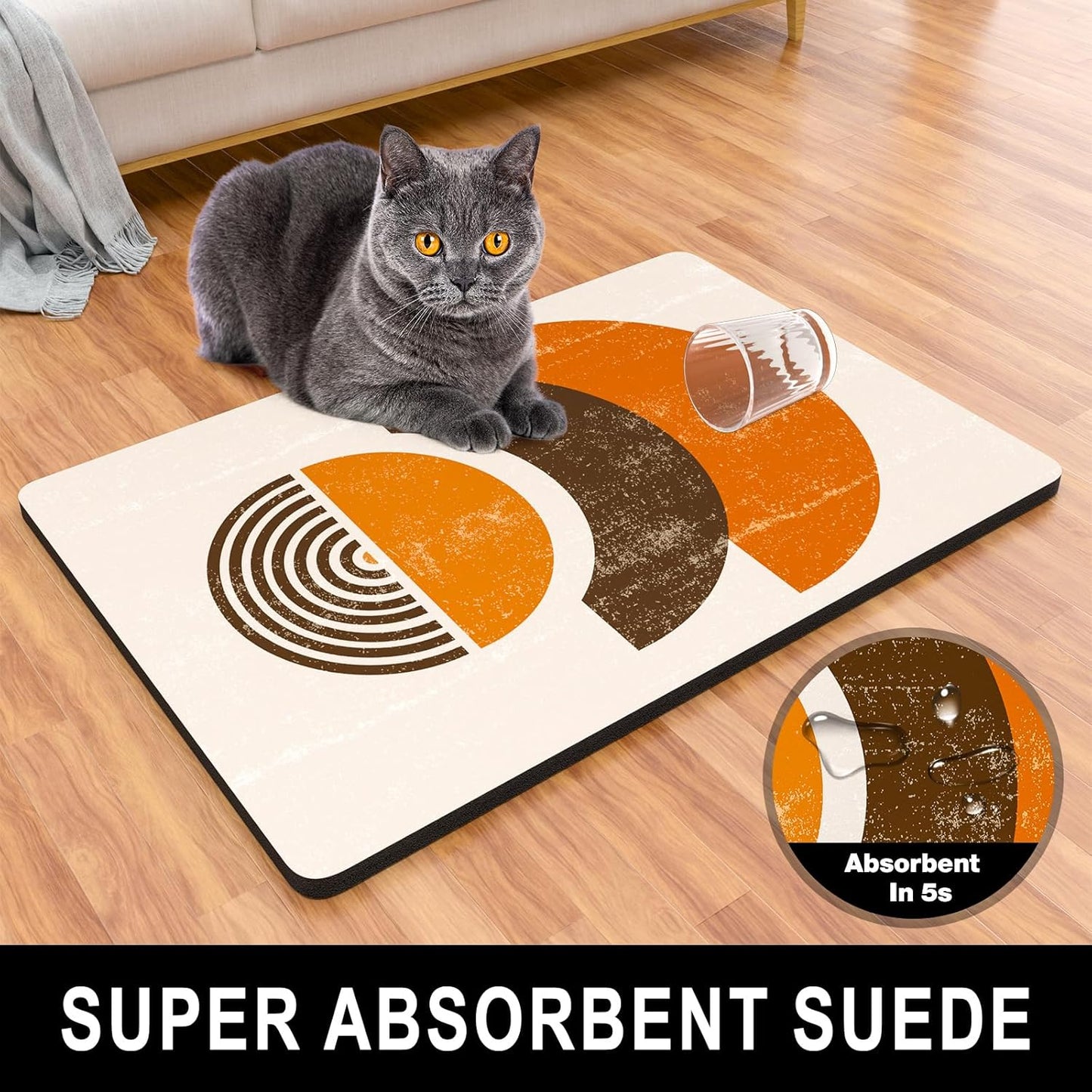 Dog Food Mat, 12" x 19" Absorbent Dog Cat Bowl Mat for Food and Water, Cute Anti-Slip Rubber Pet Feeding Rug Protect Floors Washable Placemat for Feeding & Watering Supplies, Modern Circle Art