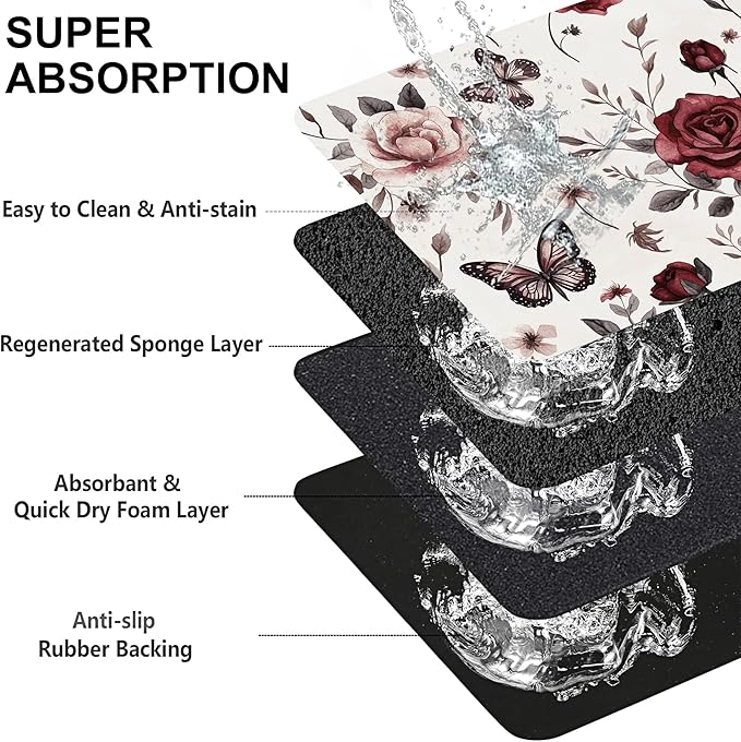 Vintage Flower Butterfly Dog Cat Food Mat-Absorbent Placemat for Food and Water Bowl, Waterproof Non Slip Rubber Backing Dog Food Mats for Floors, Pet Supplies 16 * 24 inch