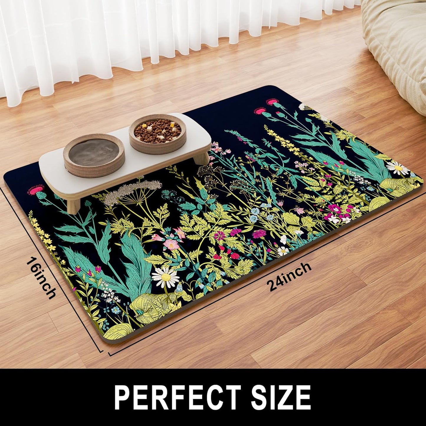 Dog Food Mat, 16" x 24" Absorbent Dog Cat Bowl Mat for Food and Water, Cute Anti-Slip Rubber Pet Feeding Rug Protect Floors, Placemat for Feeding & Watering Supplies, Midnight Flower