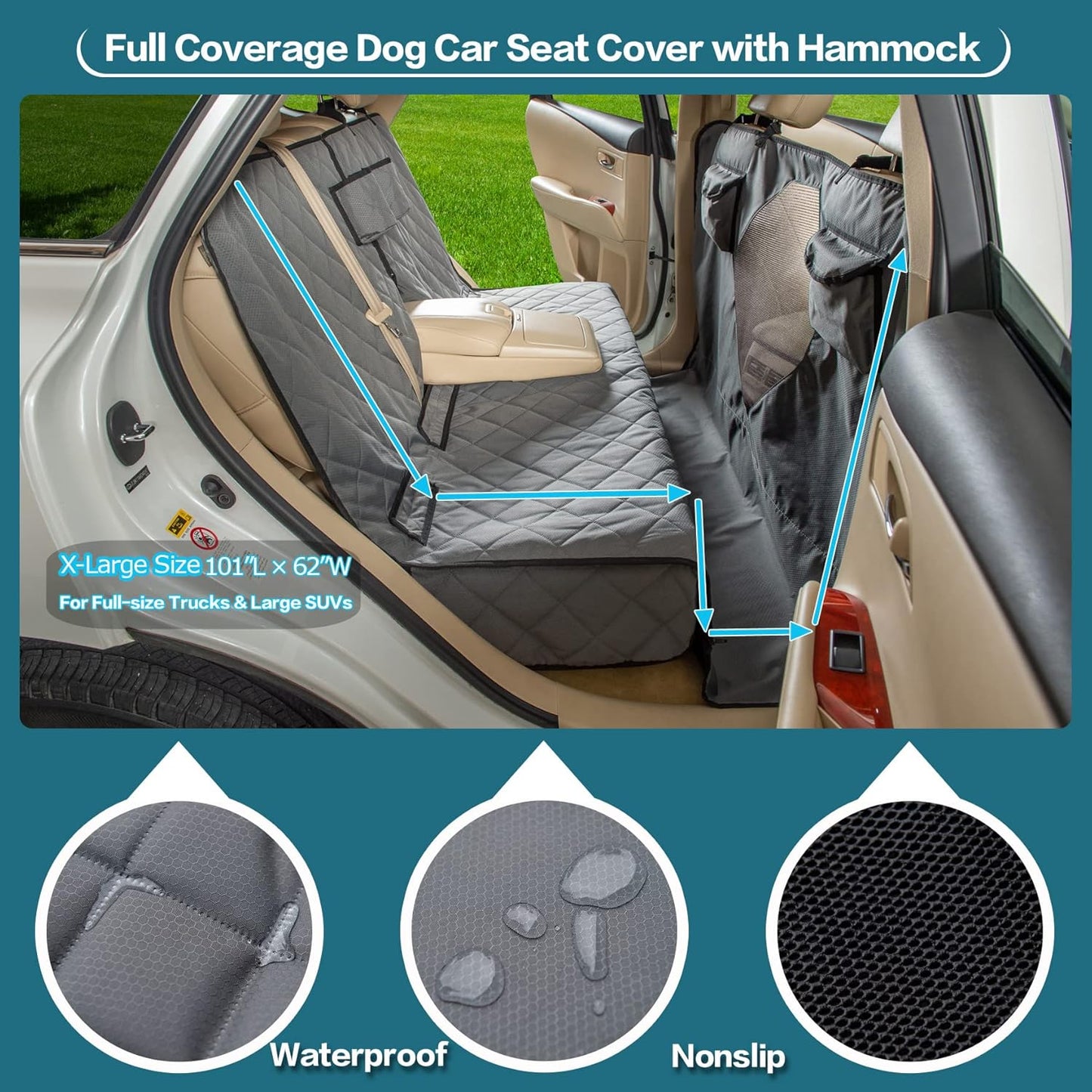 Car Seat Cover for Dogs with Mesh Window, Bench and Hammock Combination - Detachable, Suitable for Most Vehicles (Grey, X-Large)