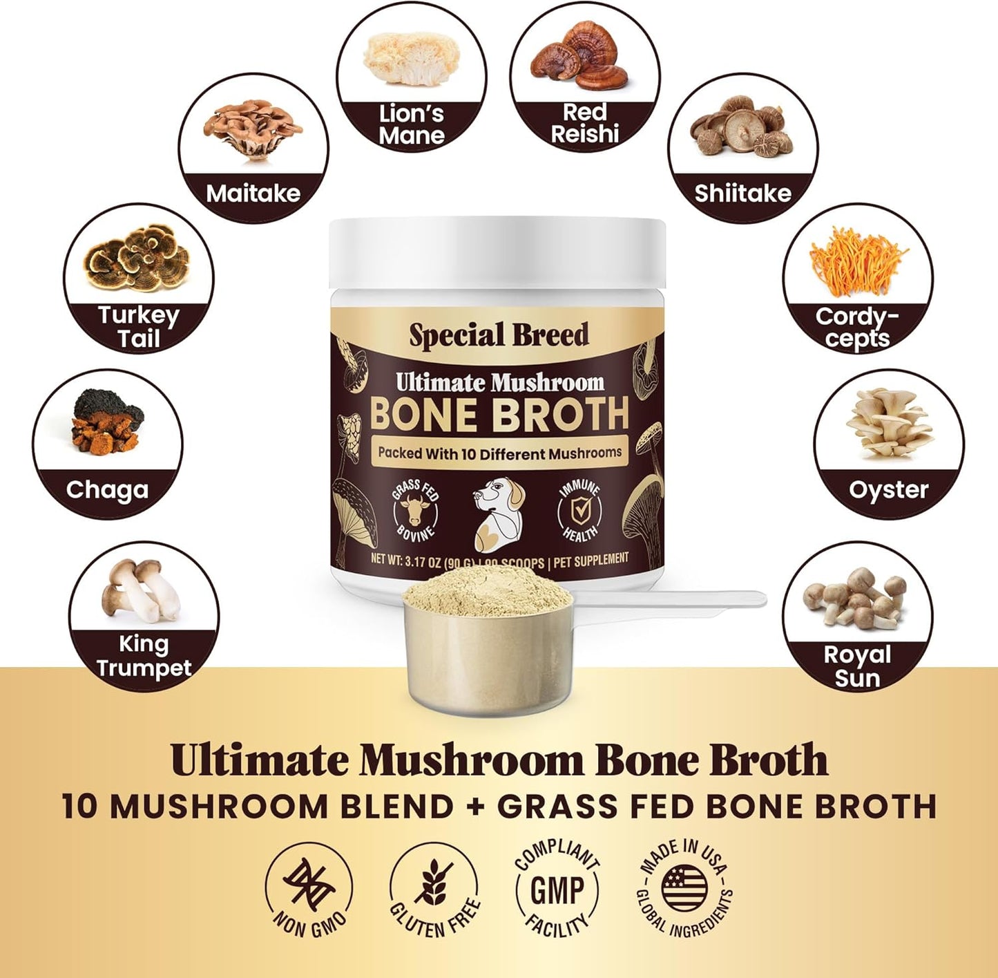 Beef Bone Broth for Dogs - Dog Bone Broth Powder with Ten Organic Mushrooms - High Protein + Ten Mushroom Supplement for Joint Flexibility, Immune Support, Cognition, Vitality, Hydration - 90 Scoops