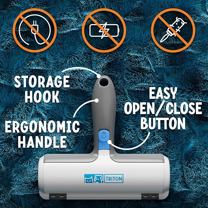 Triton Pet Hair Removal Tool w/Fur Trapping Compartment and Detachable Handle, 60% Smaller Storage Size, Reusable Shedding Roller, Cat and Dog Hair Remover for Car, Furniture, Carpet (Gray/White)