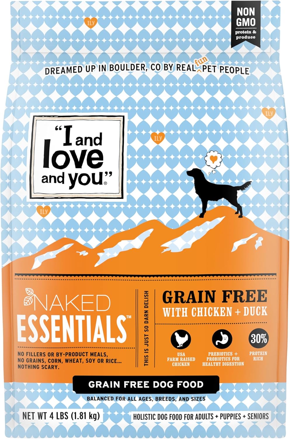 I and love and you Naked Essentials Dry Dog Food - Chicken + Duck - High Protein, Real Meat, No Fillers, Prebiotics + Probiotics, 4lb Bag