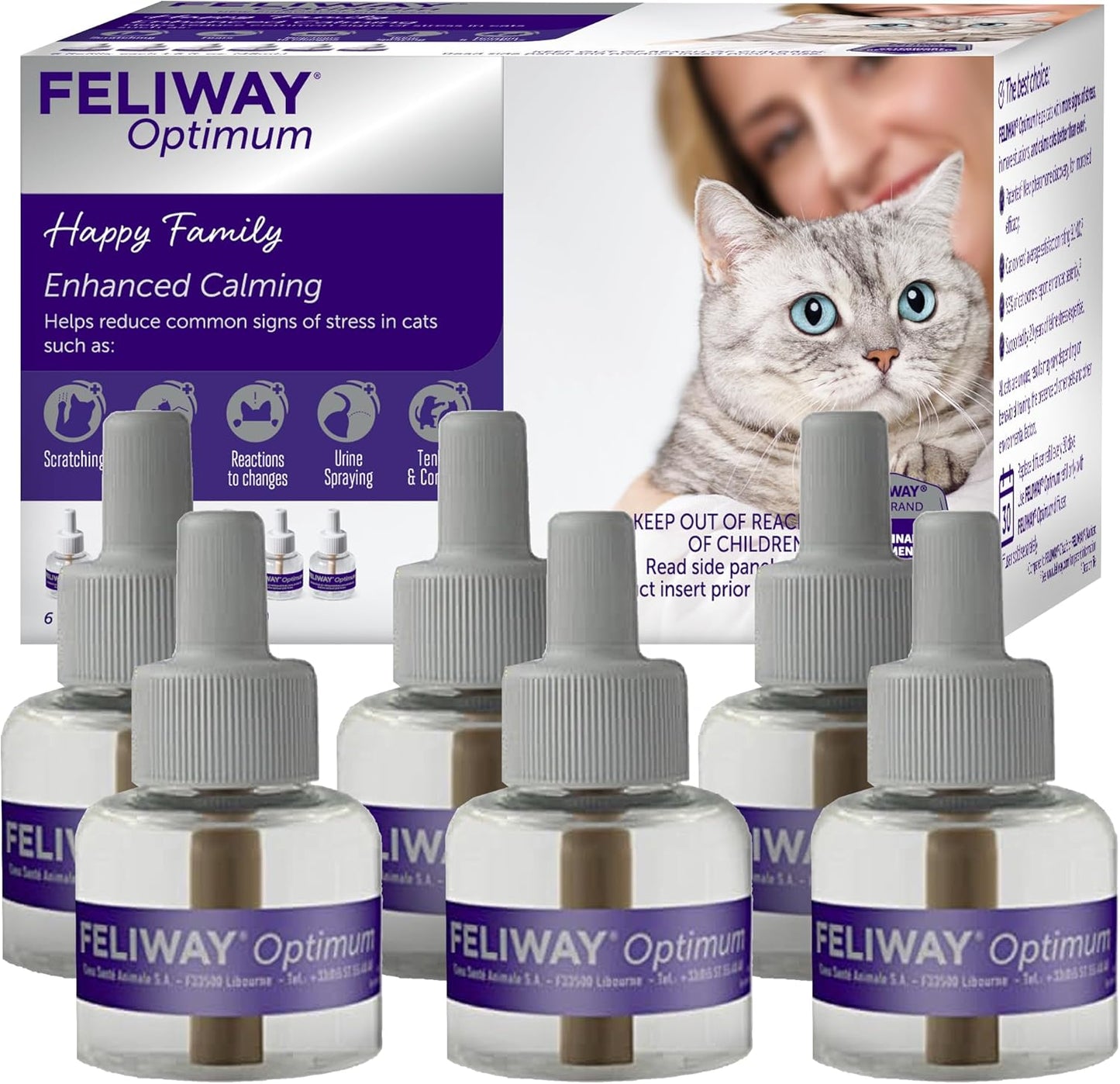 FELIWAY Optimum 6 x 30 Day Cat Calming Refills for Pheromone Diffuser, 6 x 48ml Value Pack - Helps Reduce Common Signs of Stress in Cats & Kittens, Enhanced Calming